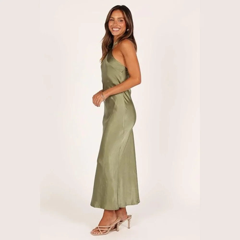 New! Petal + Pup Grasie Olive Green Satin Halter Maxi Dress Size 8 41370 - Picture 4 of 14